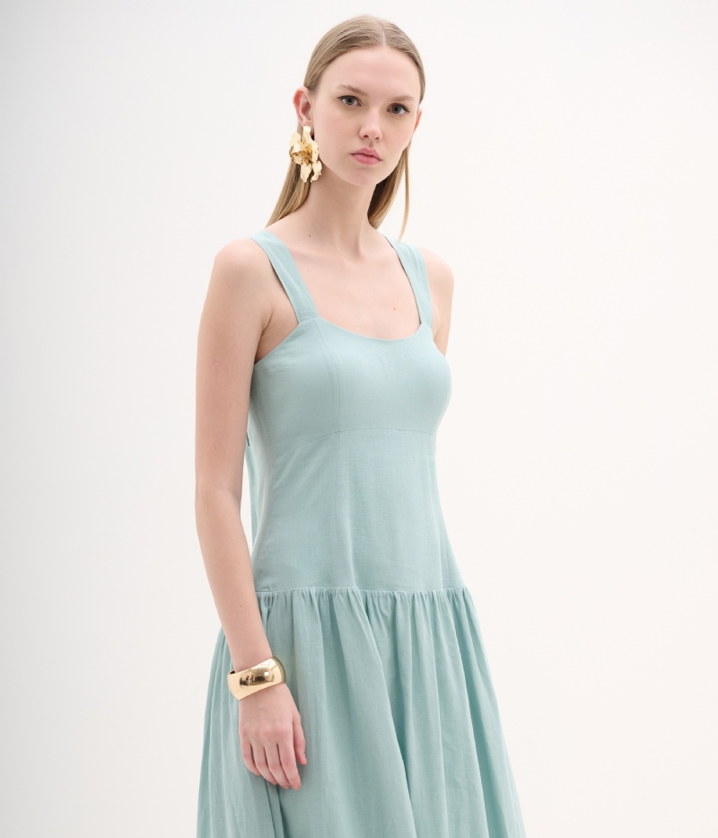 Vestido midi de linho com saia franzida e cintura Drop Waist