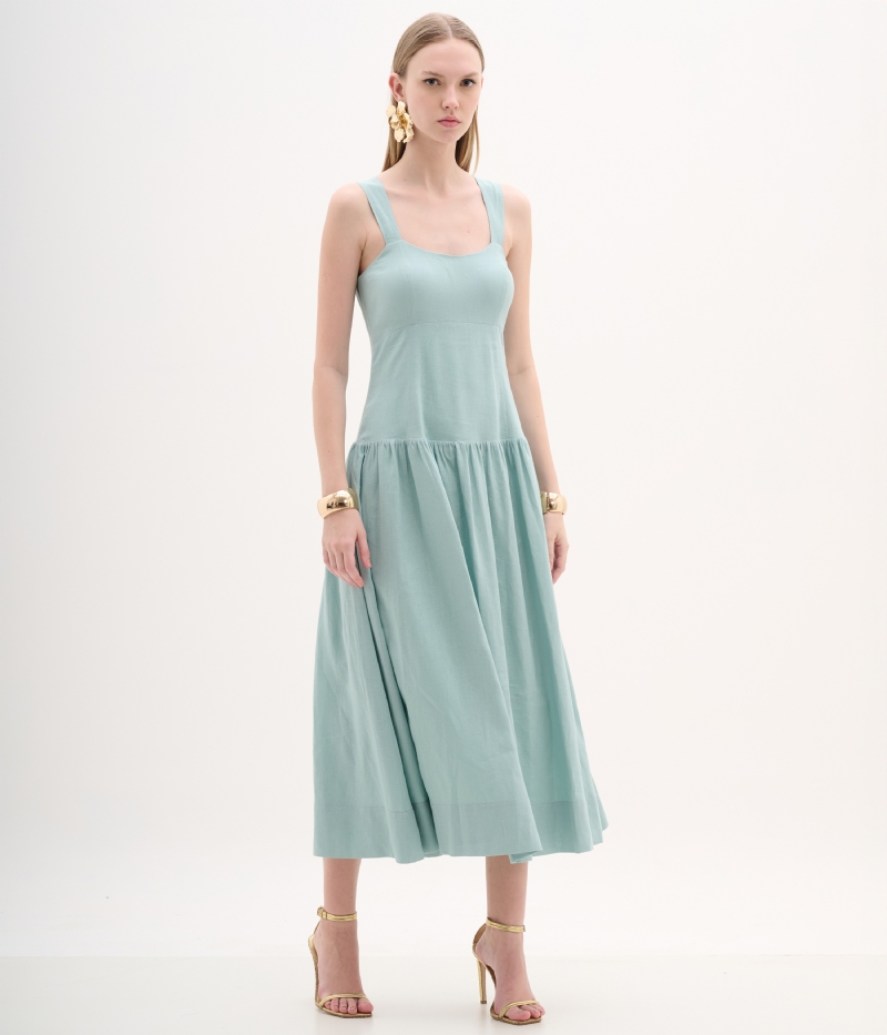 Vestido midi de linho com saia franzida e cintura Drop Waist