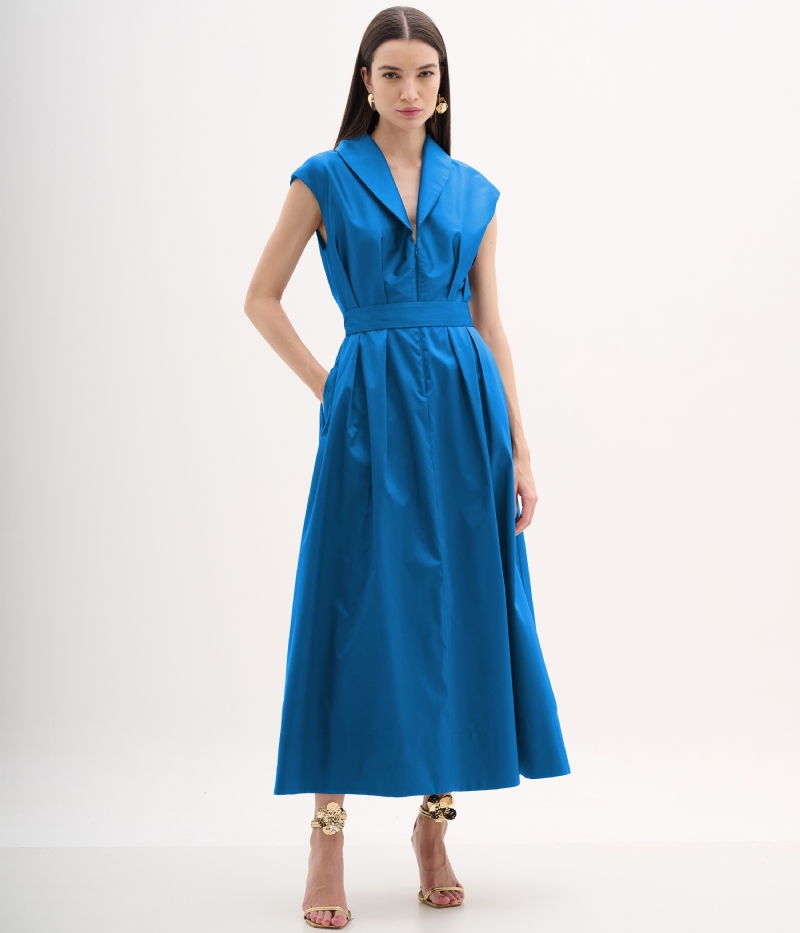 Vestido Midi em Tafetá Azul com Faixa