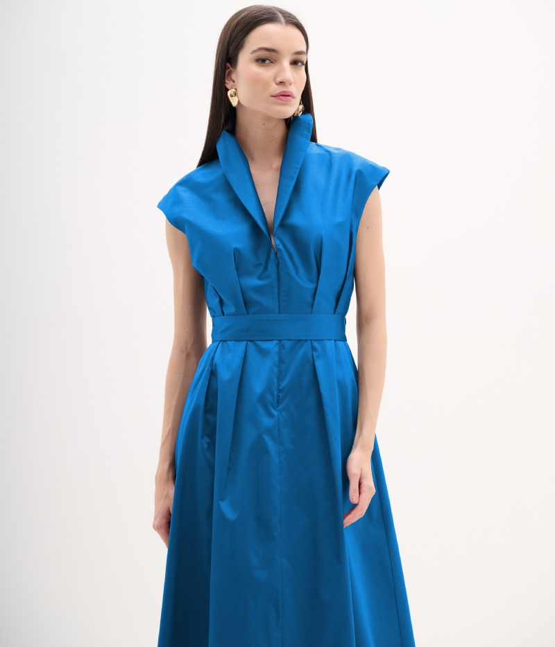 Vestido Midi em Tafetá Azul com Faixa