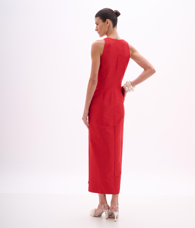 Vestido Midi Alfaiatado em Shantung Vermelho com Botões Forrados
