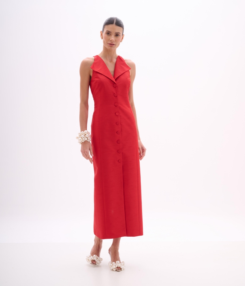 Vestido Midi Alfaiatado em Shantung Vermelho com Botões Forrados
