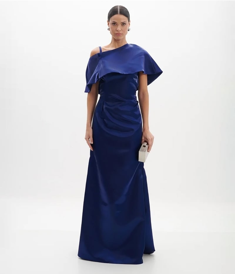 Vestido Longo em Zibeline Glow com Ombro Assimétrico 