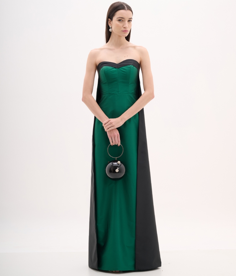 Vestido de festa longo verde esmeralda com decote tomara que caia