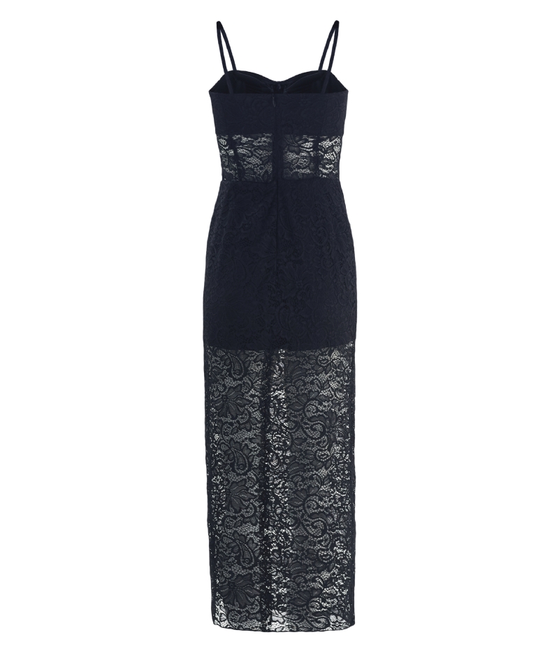 Vestido de festa longo preto em renda com alça fina e transparência