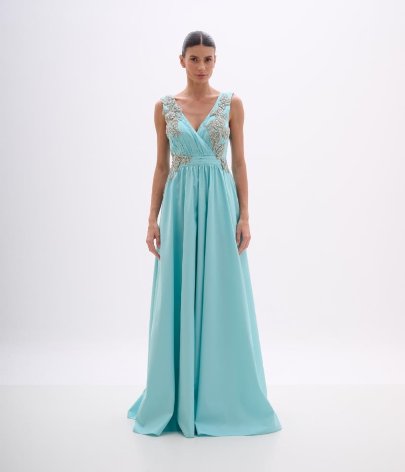 VESTIDO LONGO EM TAFETÁ BORDADO AQUA