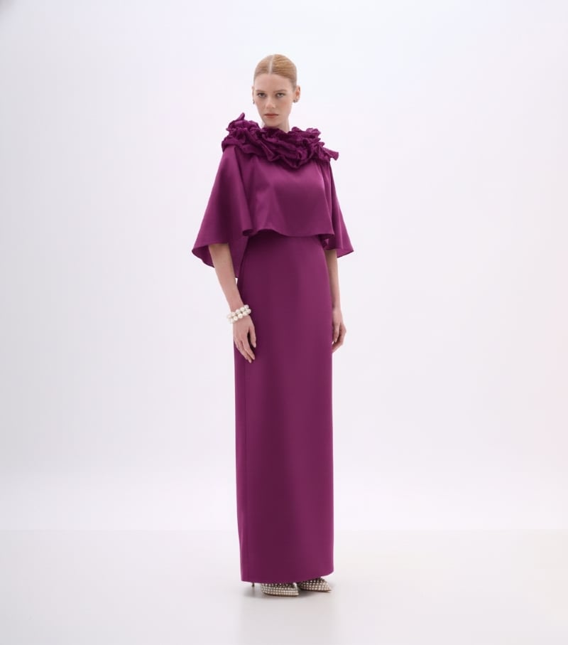 VESTIDO LONGO EM TAFETÁ PURPLE COM CAPA REMOVÍVEL