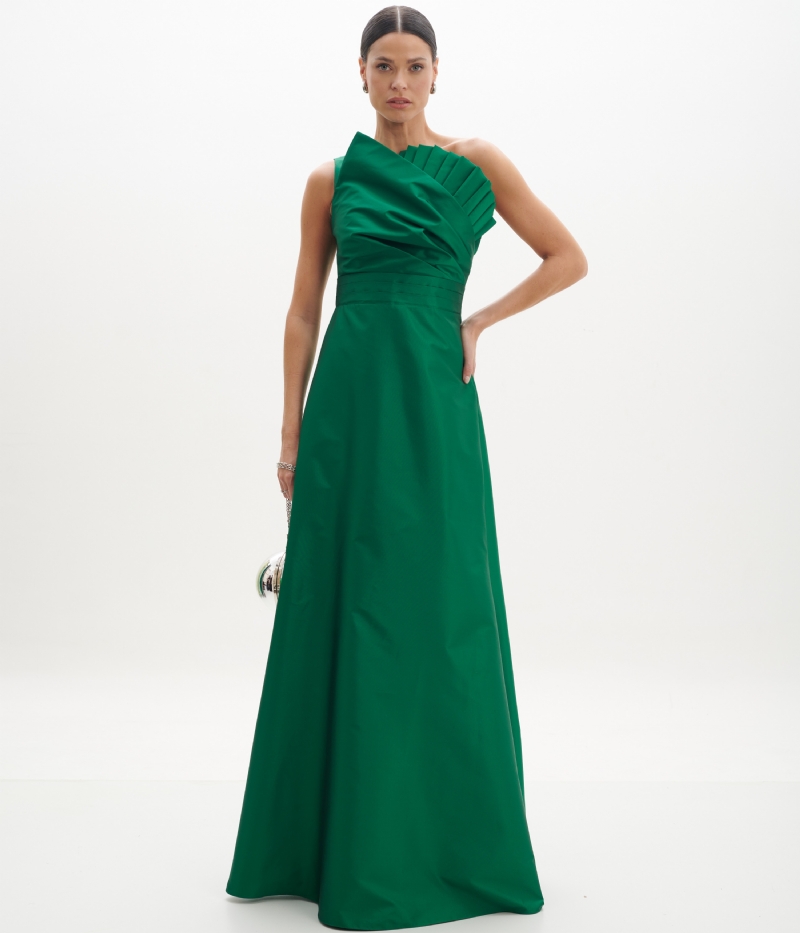 Vestido de festa longo rosa e vermelho com um ombro só em tafetá