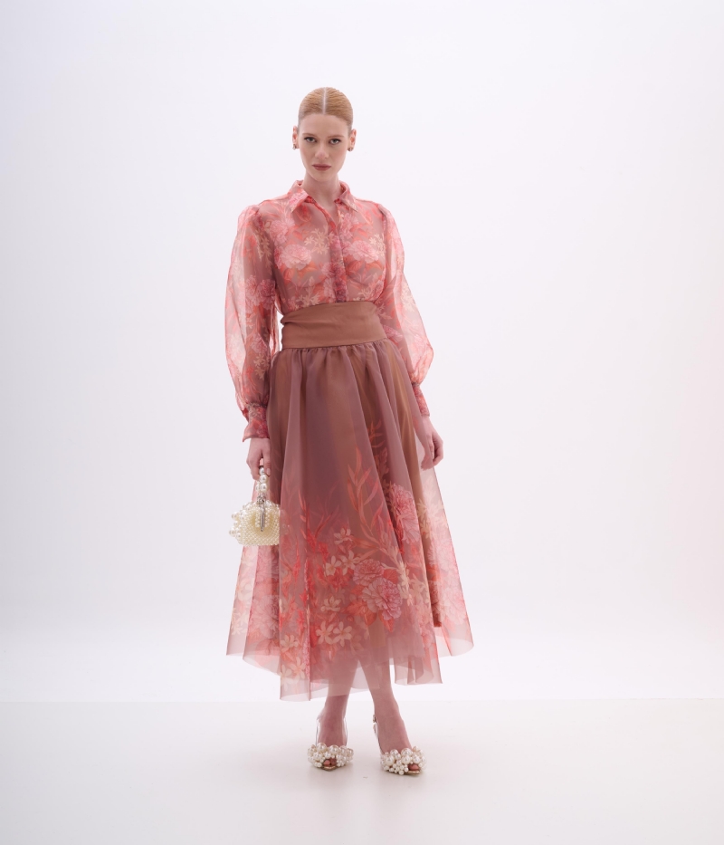 SAIA MIDI EM ORGANZA ESTAMPADA COM CÓS EM TAFETÁ