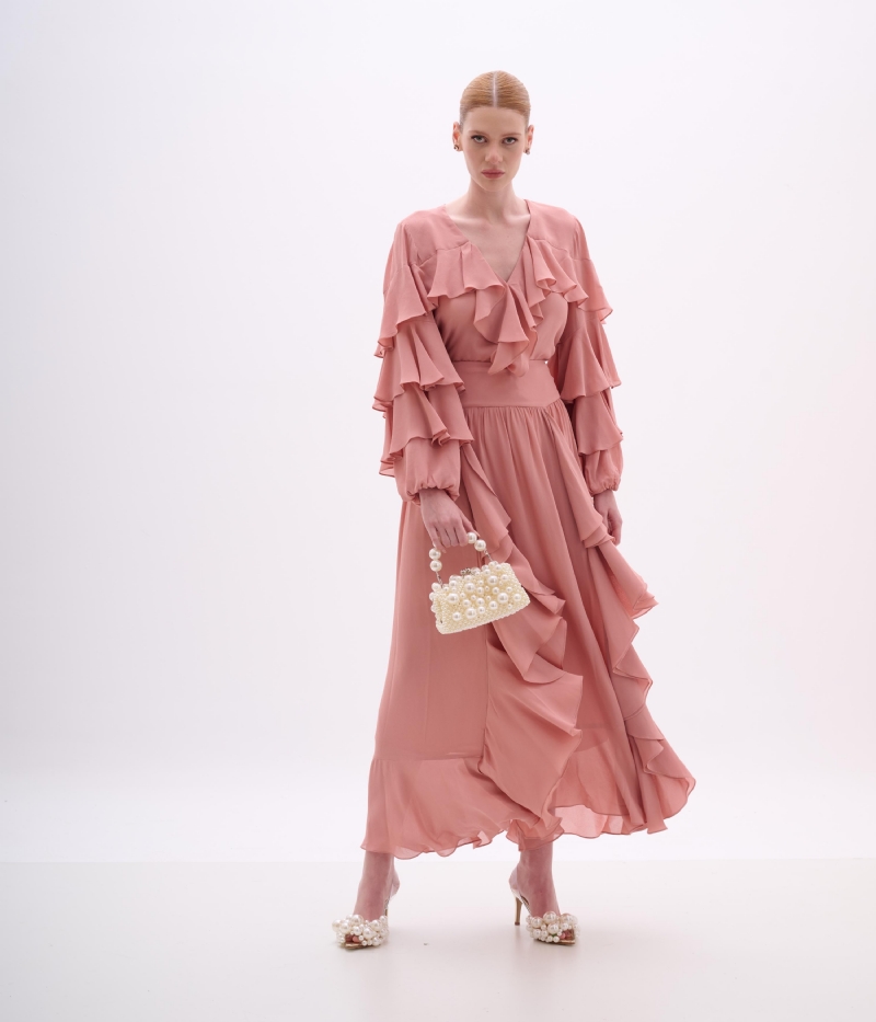 BLUSA EM CREPE DE VISCOSE ROSA PÓ COM BABADOS