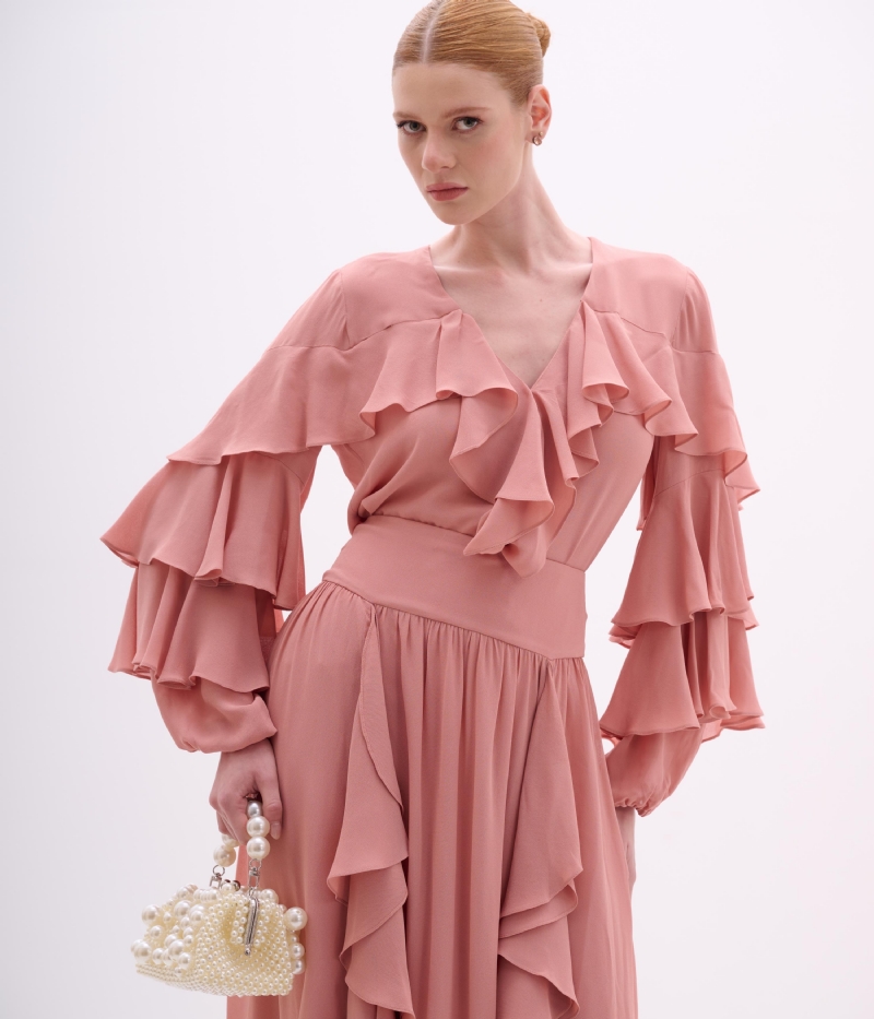 BLUSA EM CREPE DE VISCOSE ROSA PÓ COM BABADOS