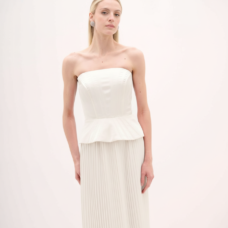 CONJUNTO TOP PEPLUM E SAIA PLISSADA BRANCO