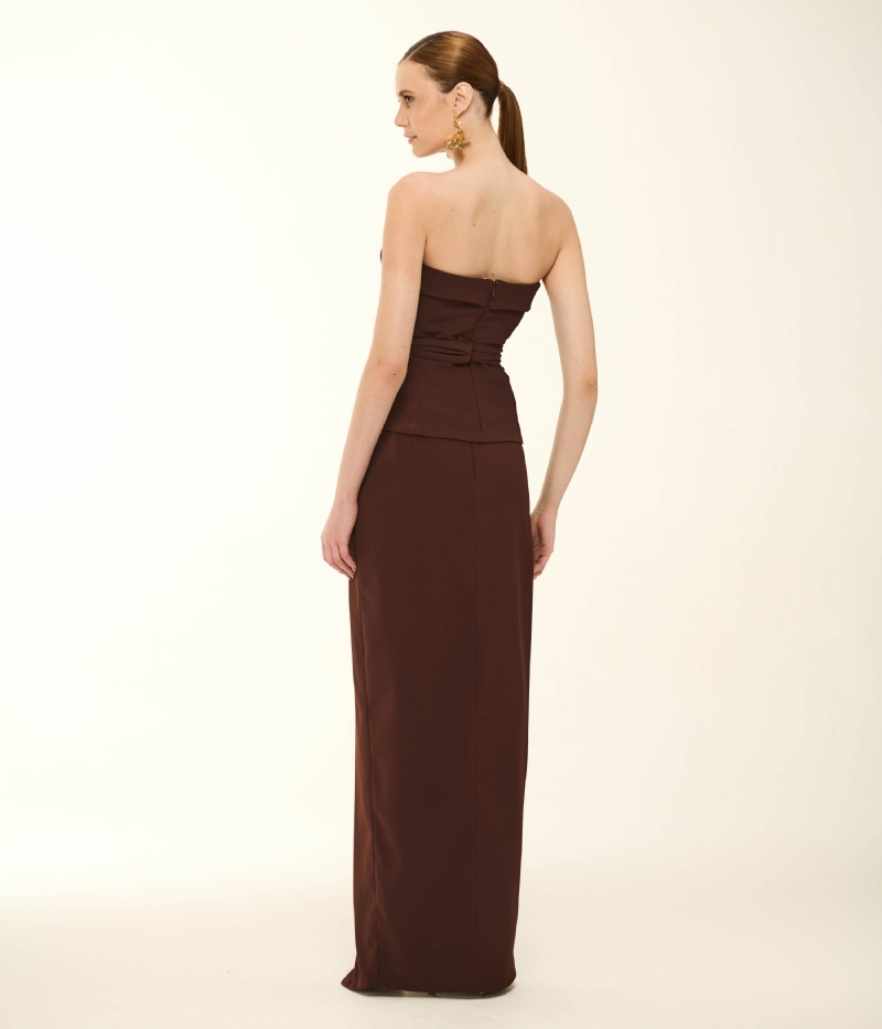 SAIA LONGA EM CREPE DE ALFAIATARIA COR CHOCO