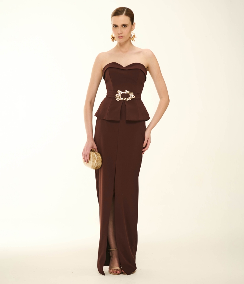 SAIA LONGA EM CREPE DE ALFAIATARIA COR CHOCO