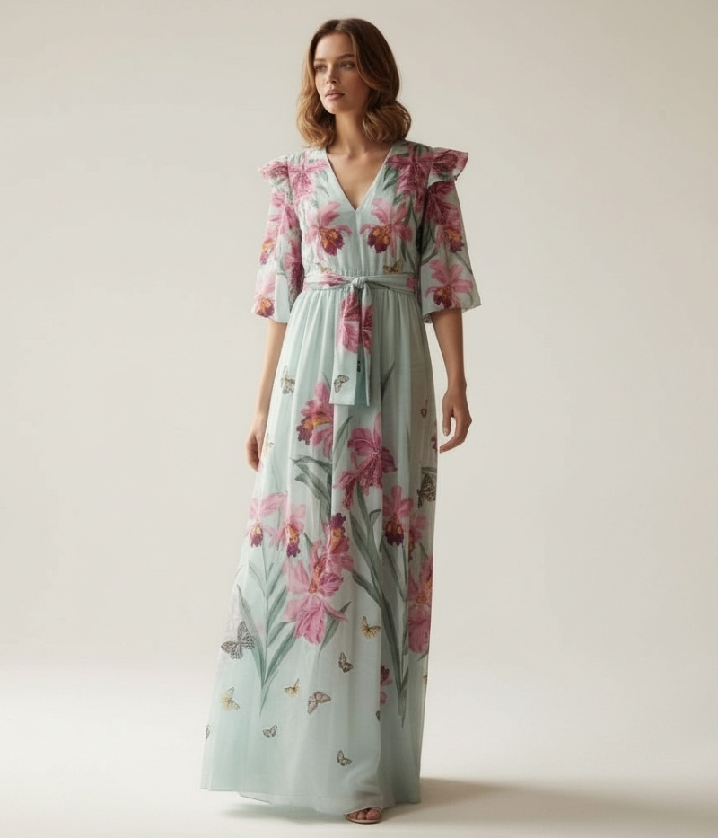 Vestido de festa estampado com decote v e elástico