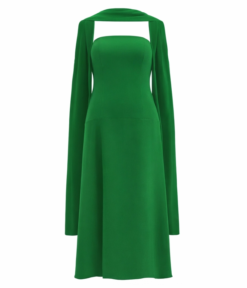 VESTIDO LONGO TOMARA QUE CAIA EM CETIM ESMERALDA COM ECHARPE