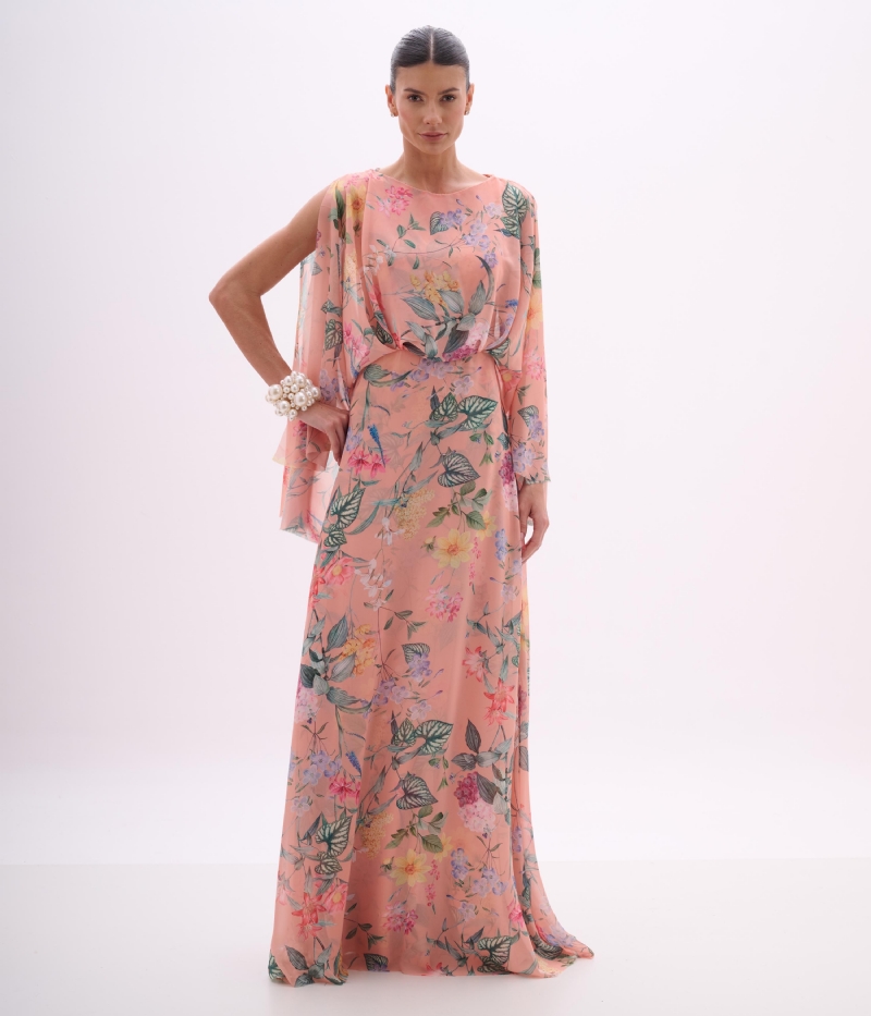 VESTIDO LONGO EM MUSSELINE COM ESTAMPA EXCLUSIVA FLORAL CORAL