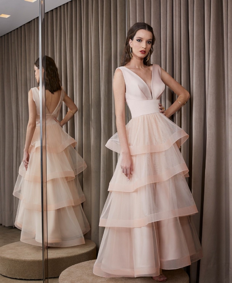 VESTIDO LONGO DE CAMADAS ROSA BLUSH