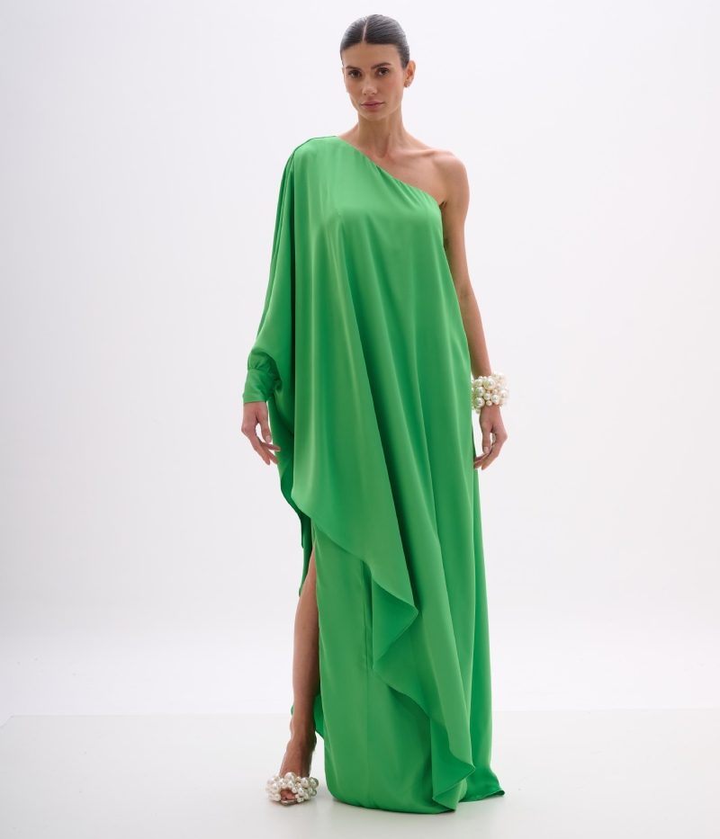 VESTIDO LONGO ASSIMÉTRICO EM CETIM VERDE ESMERALDA