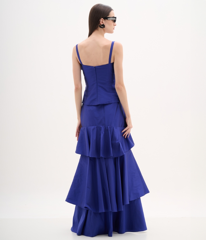 CONJUNTO EM TAFETÁ AZUL ROYAL COM BLUSA ESTRUTURADA E SAIA EM CAMADAS