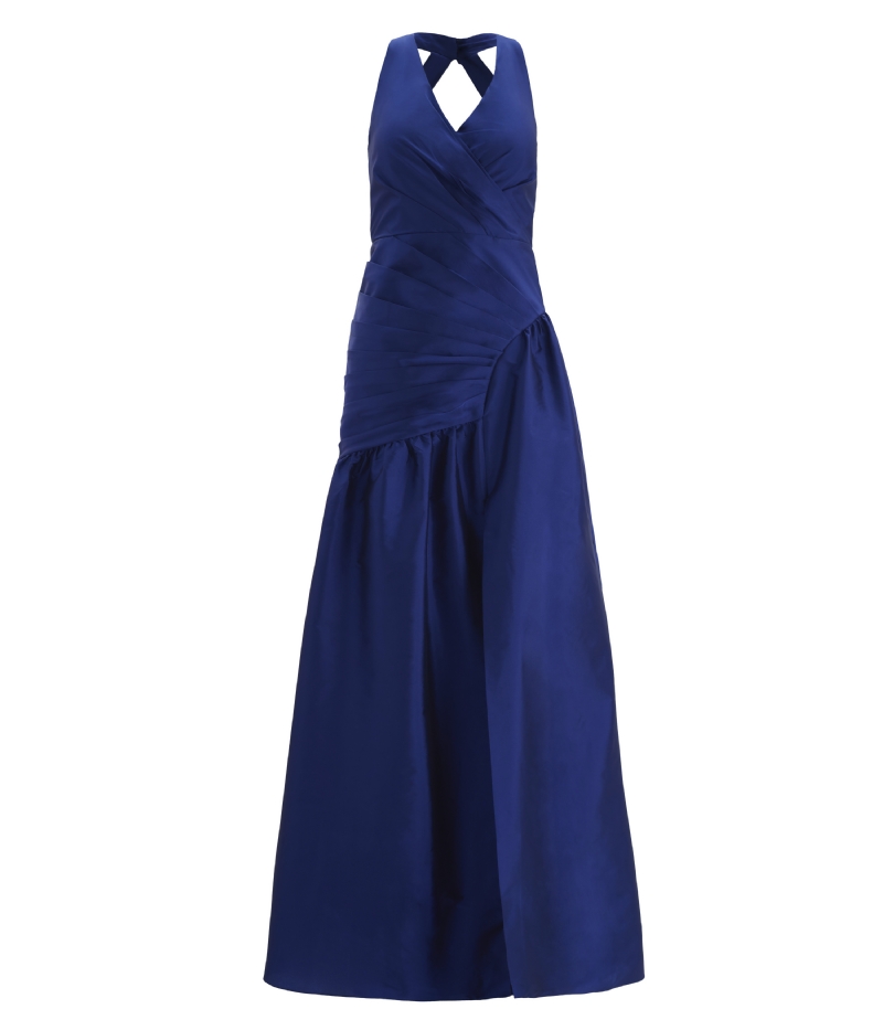 VESTIDO LONGO EM TAFETÁ AZUL ROYAL COM DECOTE PROFUNDO E DRAPEADO LATERAL