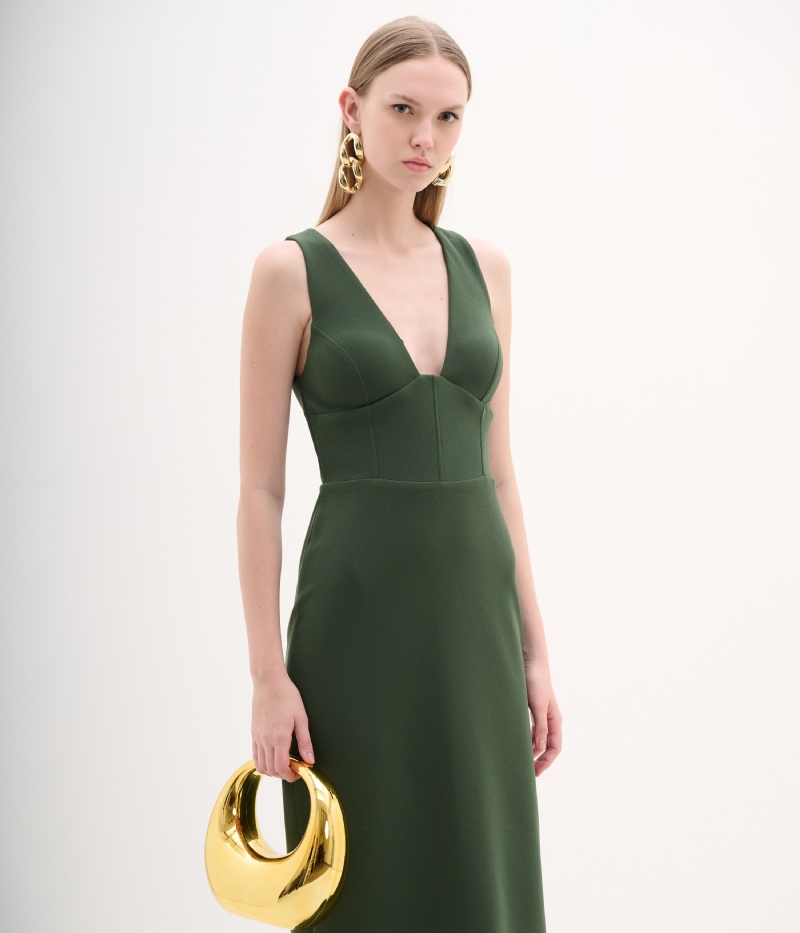 VESTIDO MIDI EM CREPE DE MALHA VERDE COM BUSTO CORSET