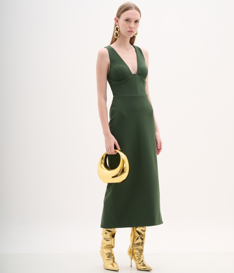 VESTIDO MIDI EM CREPE DE MALHA VERDE COM BUSTO CORSET