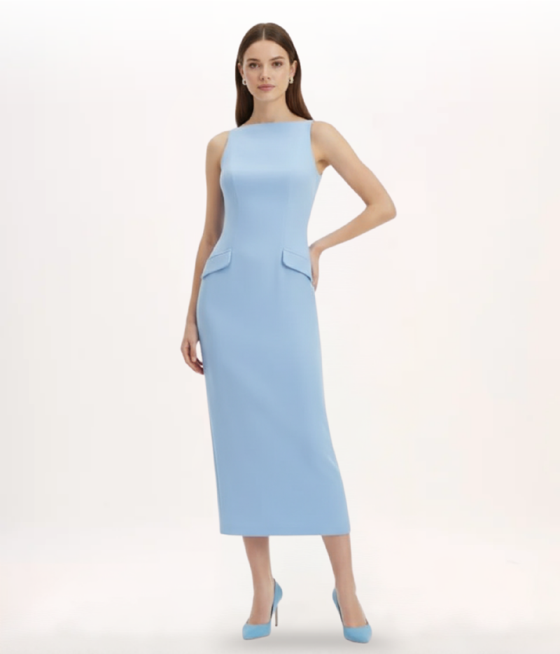VESTIDO MIDI EM CREPE DE MALHA AZUL SERENITY COM ALÇAS FINAS