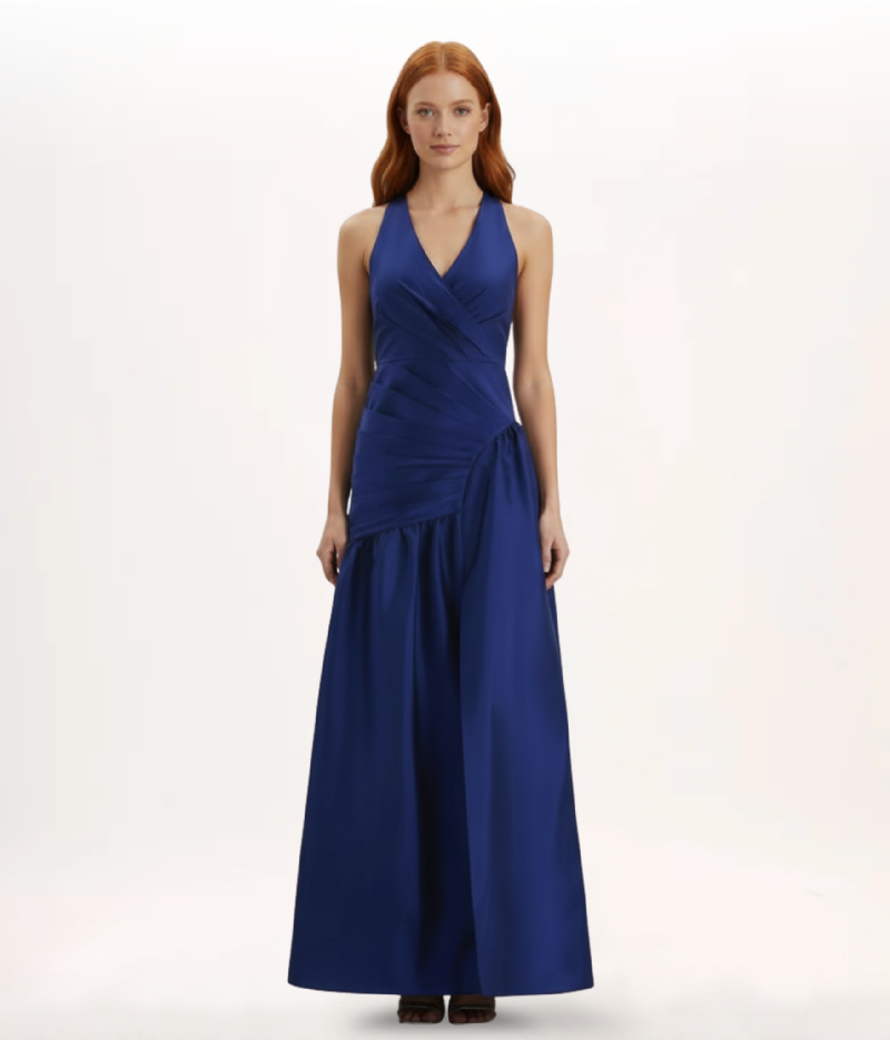 VESTIDO LONGO EM TAFETÁ AZUL ROYAL COM DECOTE PROFUNDO E DRAPEADO LATERAL