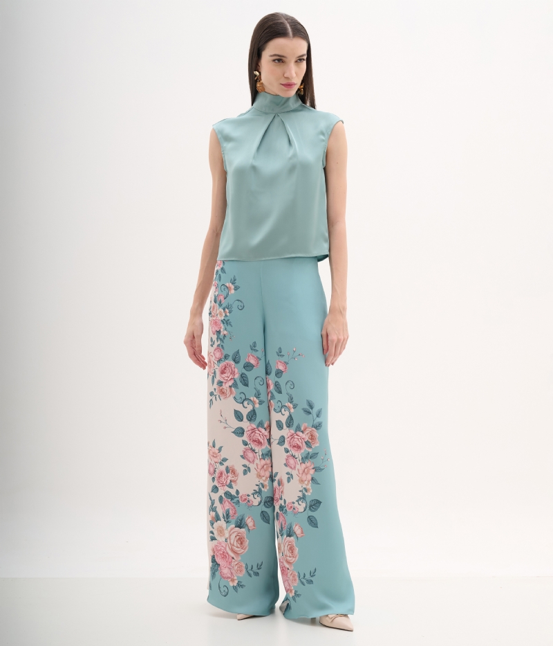 Calça reta cetim floral