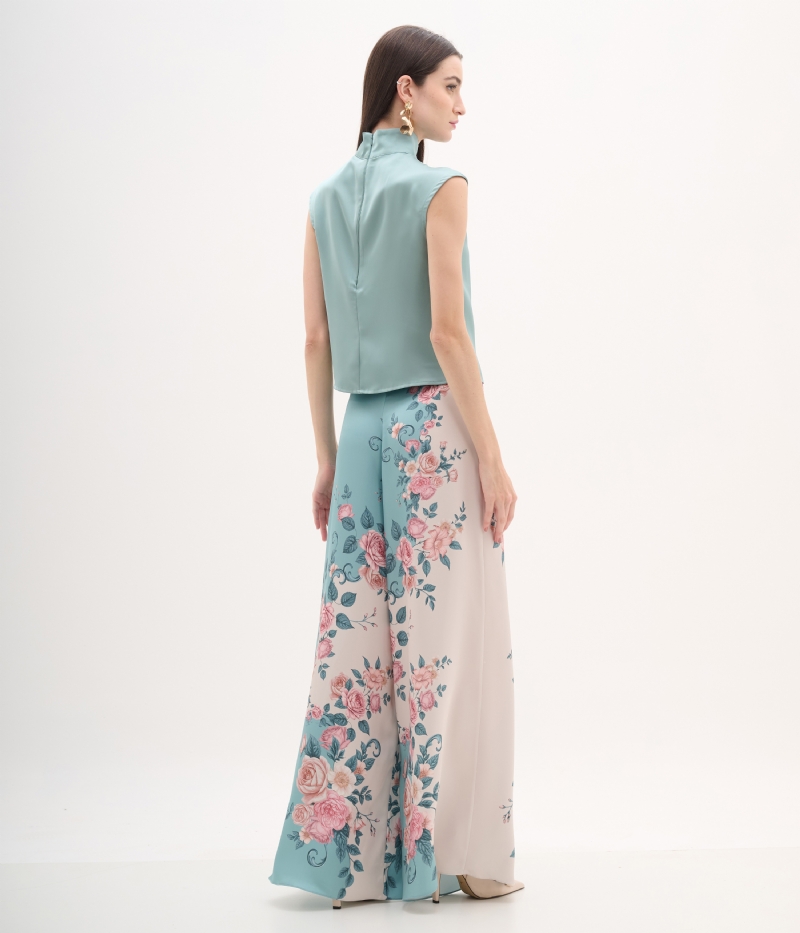 Calça reta cetim floral