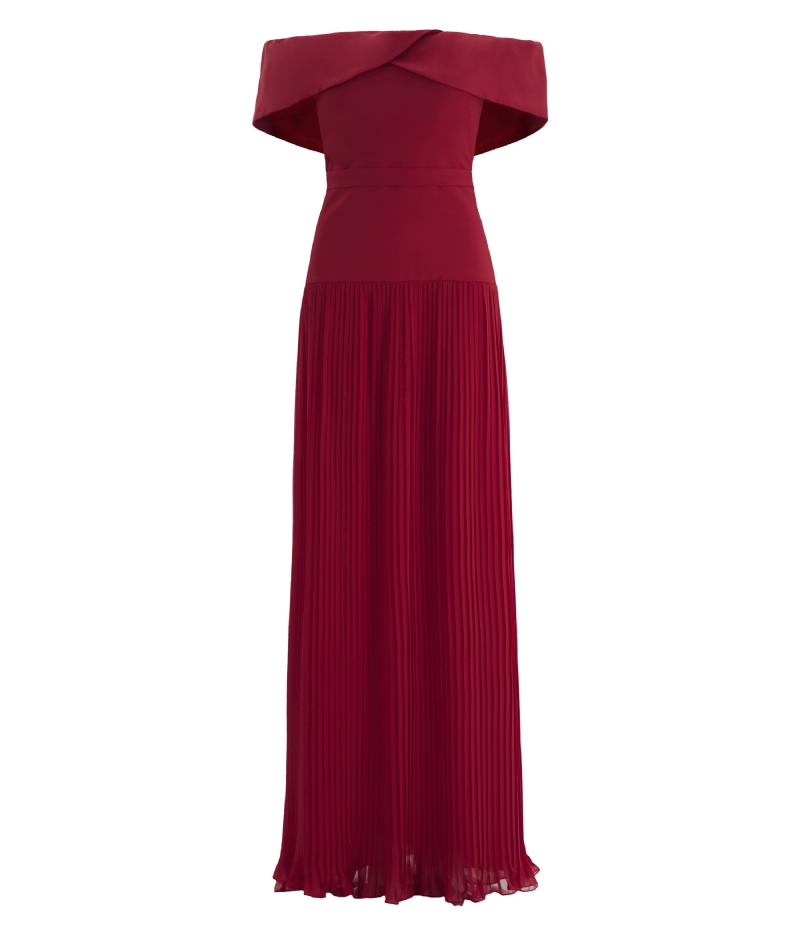 VESTIDO LONGO EM CREPE PLISSADO VERMELHO GRANADA COM DECOTE OMBRO A OMBRO
