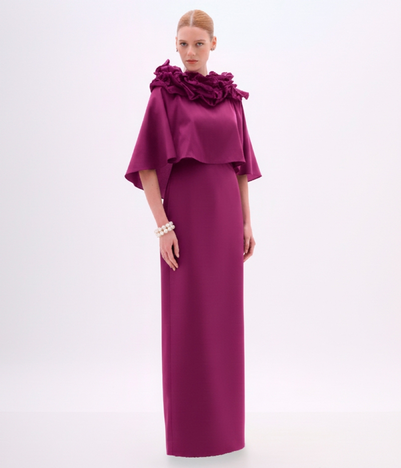 VESTIDO LONGO EM TAFETÁ PURPLE COM CAPA REMOVÍVEL