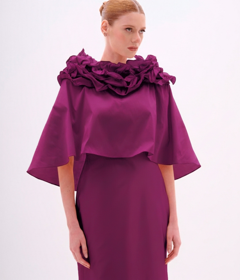 VESTIDO LONGO EM TAFETÁ PURPLE COM CAPA REMOVÍVEL