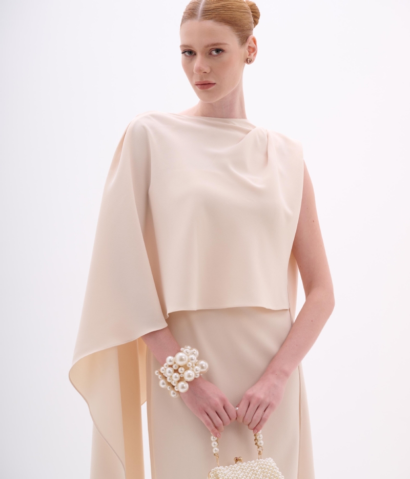 VESTIDO MIDI CAPA UM OMBRO SO CREPE VITORIA