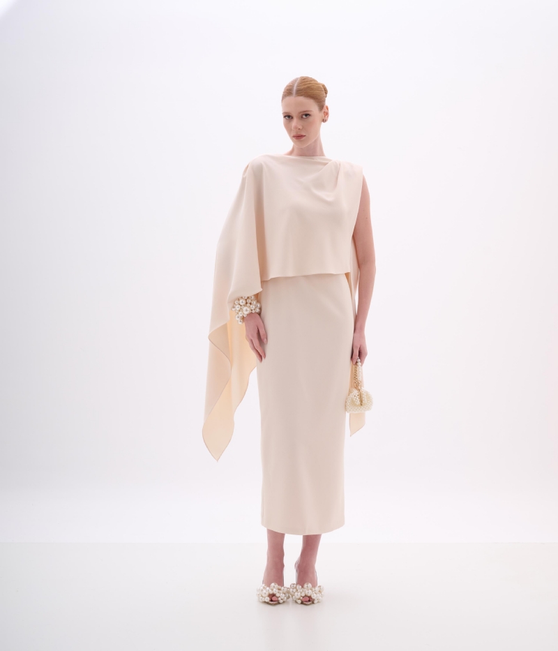 VESTIDO MIDI CAPA UM OMBRO SO CREPE VITORIA