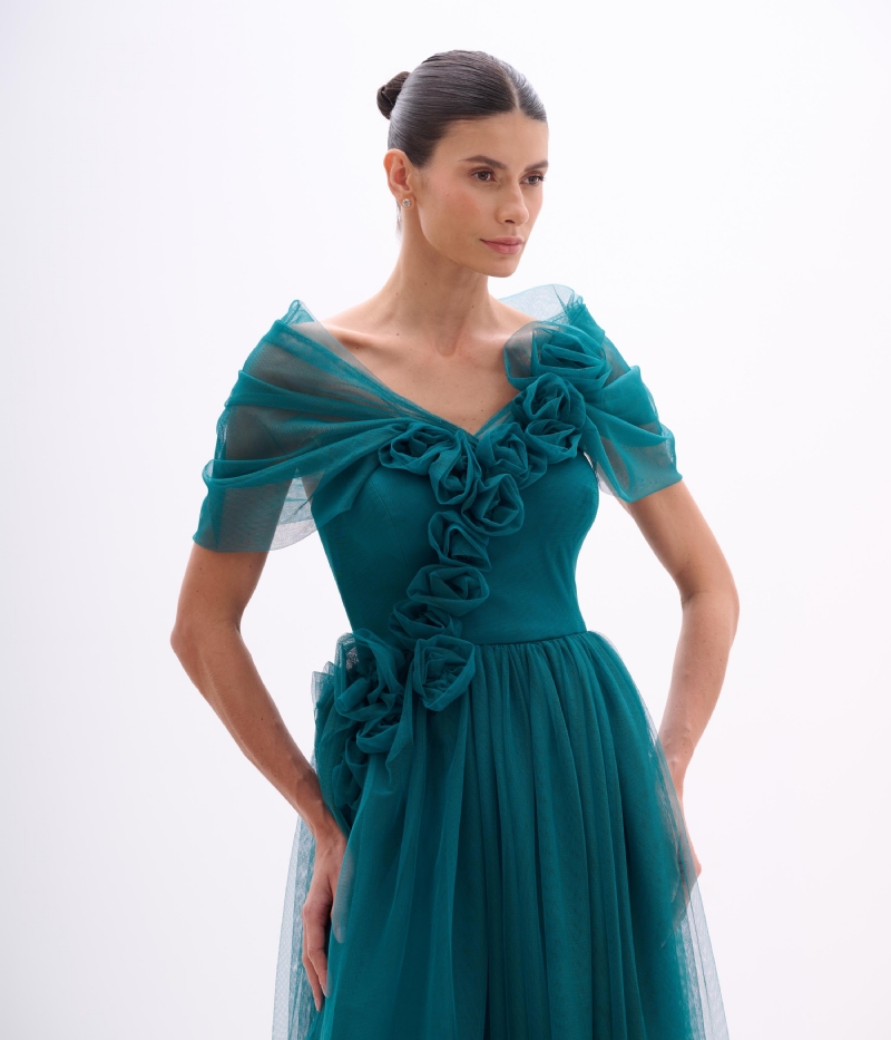 VESTIDO OMBRO A OMBRO FLORES TULE TRESS