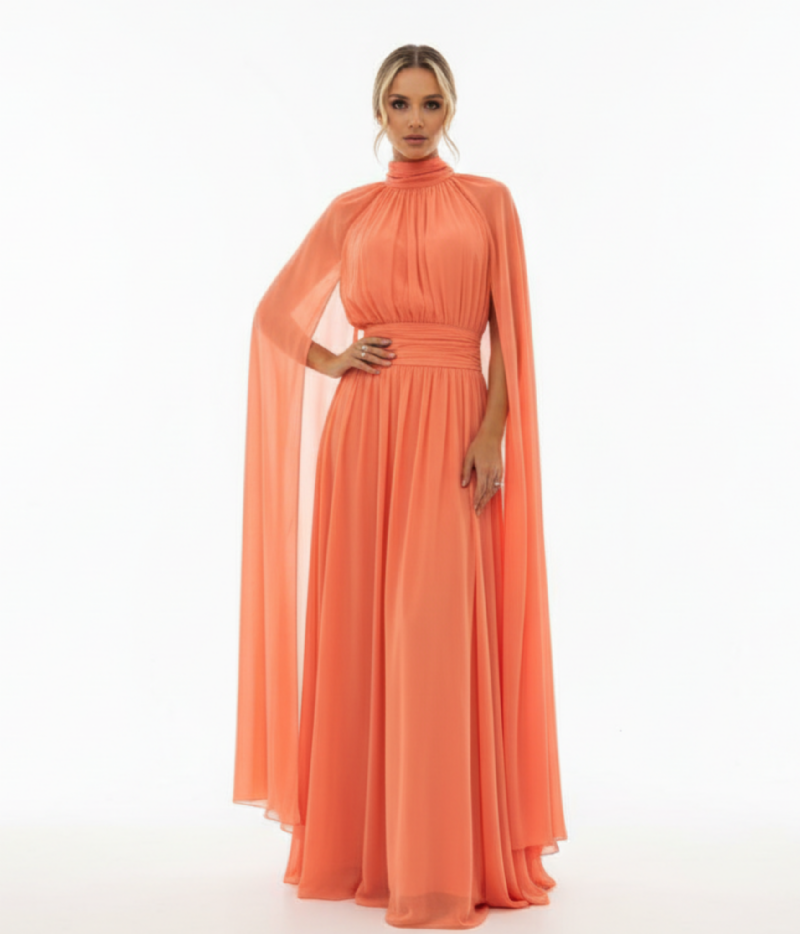 VESTIDO LONGO CORAL COM GOLA ALTA E MANGAS CAPA