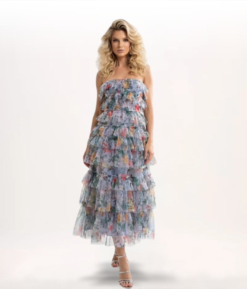 VESTIDO BABADOS DE TULE EM ESTAMPA FLORAL