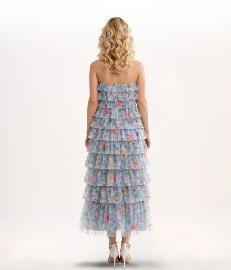 VESTIDO BABADOS DE TULE EM ESTAMPA FLORAL