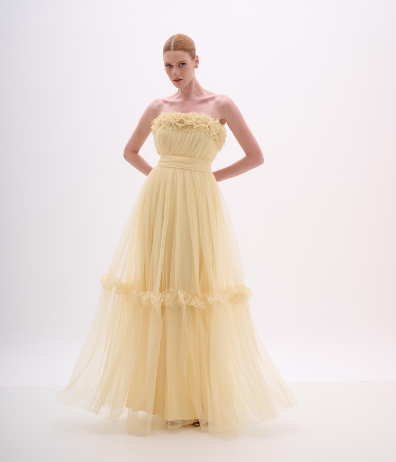 VESTIDO LONGO EM TULE YELLOW CREAM COM BUSTO FLORAL 3D