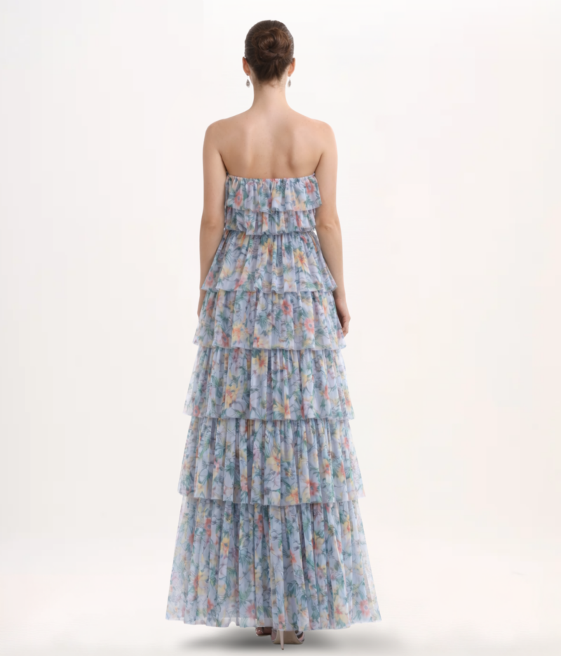 VESTIDO LONGO TOMARA QUE CAIA EM TULE ESTAMPADO DE CAMADAS