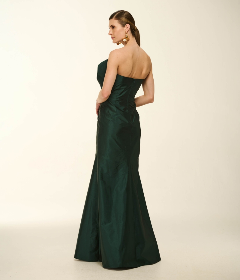 VESTIDO LONGO SEREIA EM TAFETÁ COM BUSTO ESCULTURAL