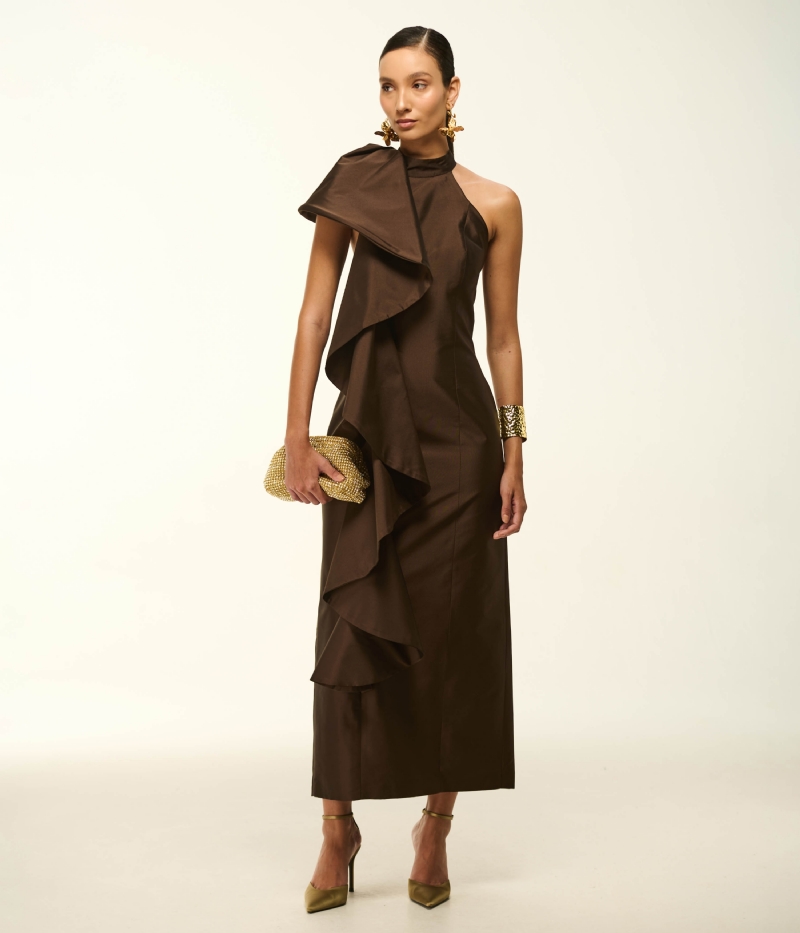 VESTIDO MIDI EM TAFETÁ COM DECOTE HALTER E BABADO ESCULTURAL