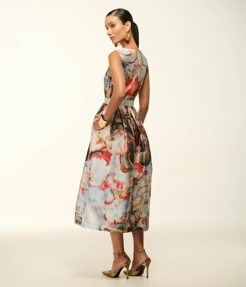 VESTIDO MIDI EM ZIBELINE COM ESTAMPA EXCLUSIVA ARTE SACRA