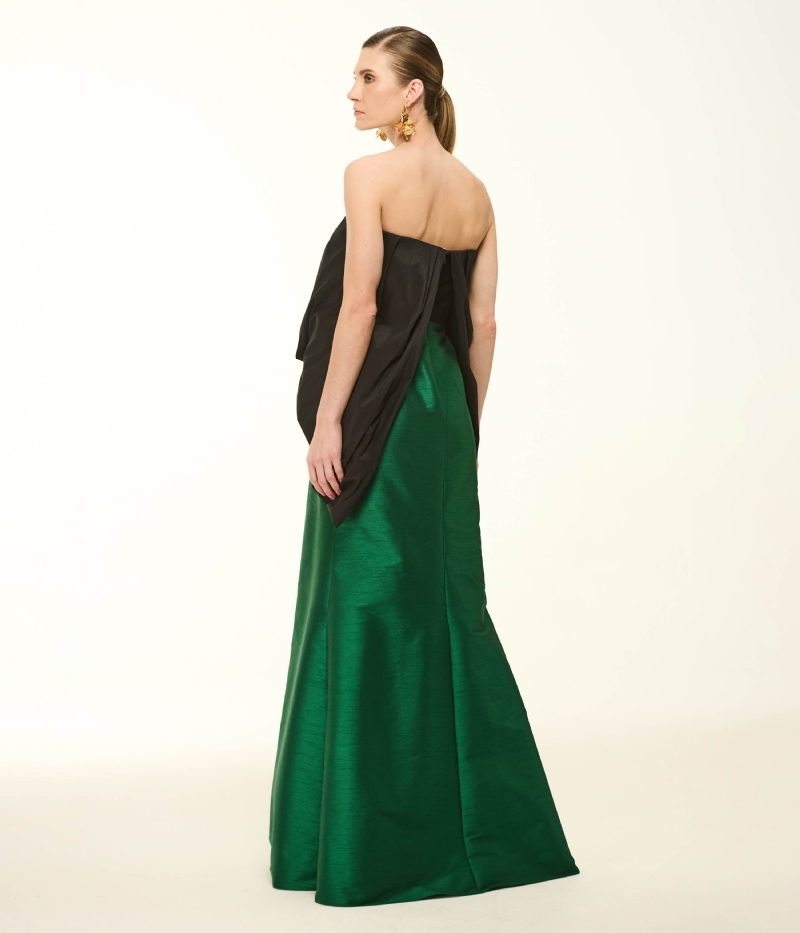 VESTIDO LONGO BICOLOR EM SHANTUNG COM TOP DRAPEADO