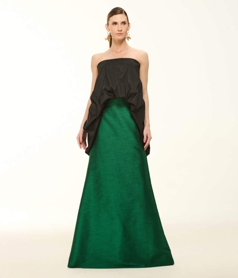 VESTIDO LONGO BICOLOR EM SHANTUNG COM TOP DRAPEADO