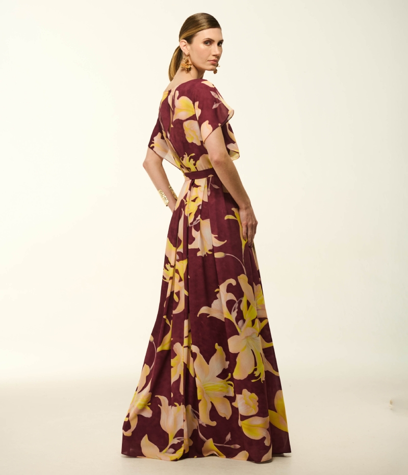 VESTIDO LONGO EM CREPE FLUIDO COM ESTAMPA ORQUÍDEA VIGNON