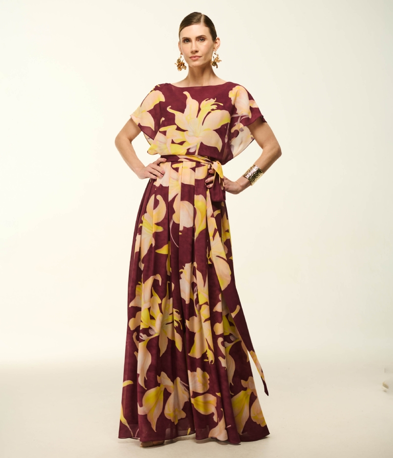 VESTIDO LONGO EM CREPE FLUIDO COM ESTAMPA ORQUÍDEA VIGNON