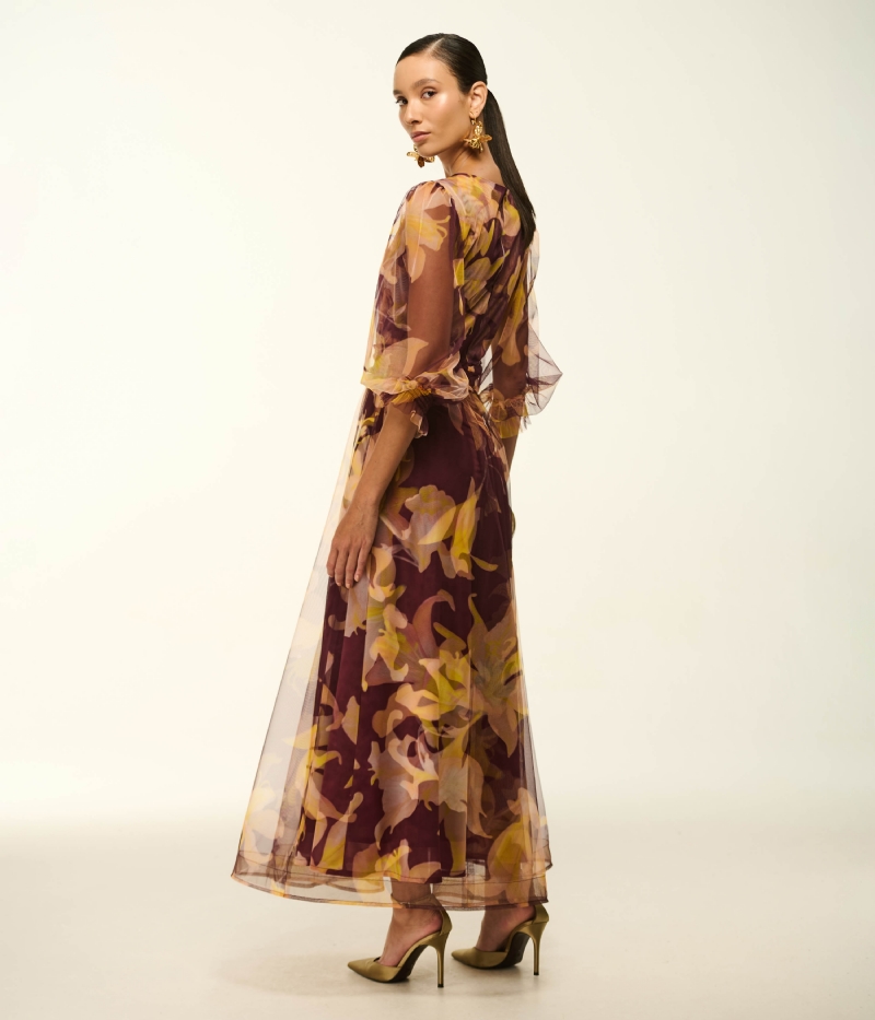 VESTIDO MIDI EM TULE COM ESTAMPA EXCLUSIVA ORQUÍDEA 